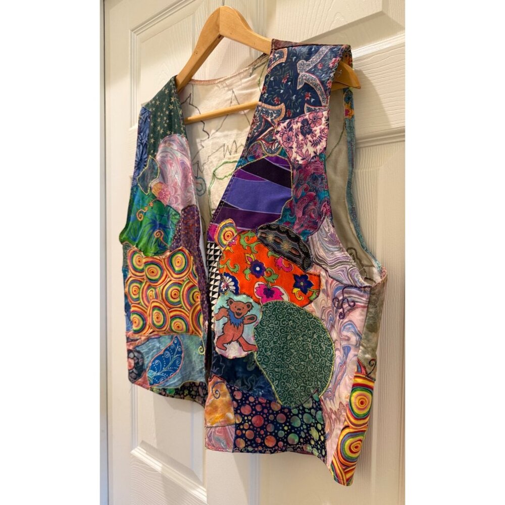 Grateful Dead-Inspired Patchwork Handmade Vest Mens Size M Psychedelic Design